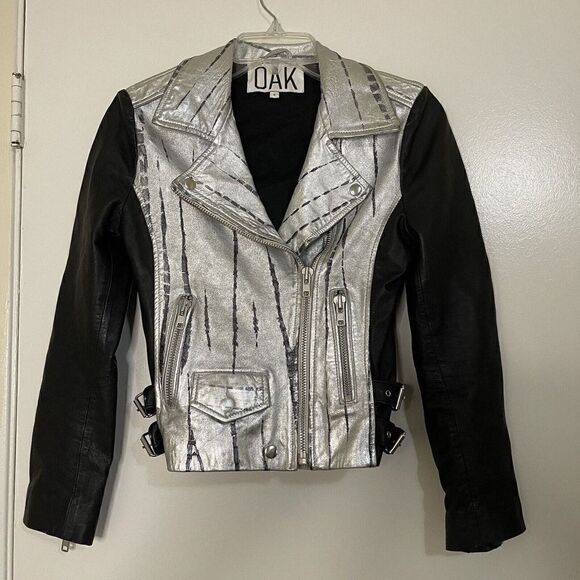 OAK Genuine Leather Black and silver metallic motorcycle riding zip up jacket S - Picture 6 of 8